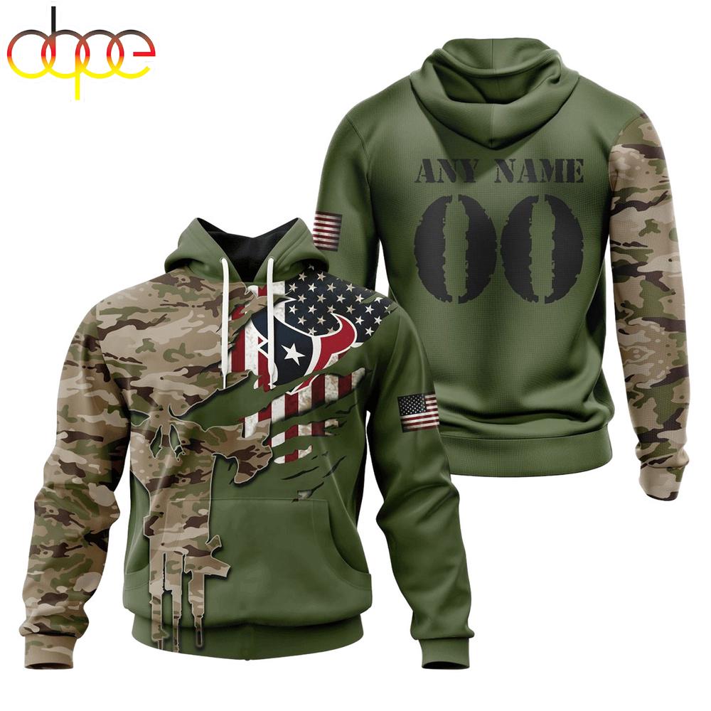 Custom Name And Number NFL Houston Texans Camo And US Flag 3D Hoodie Shirt