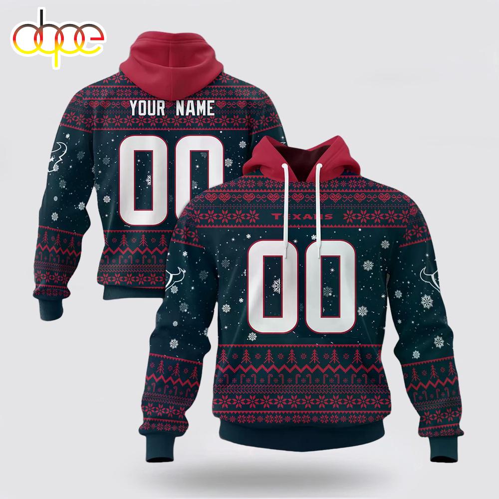 Custom Name And Number NFL Houston Texans Christmas Spirit All Over Print Hoodie Shirt