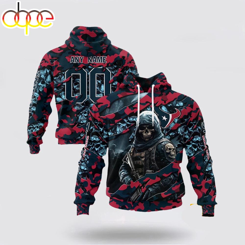 Custom Name And Number NFL Houston Texans Skeleton Soldier Halloween 3D Hoodie Shirt