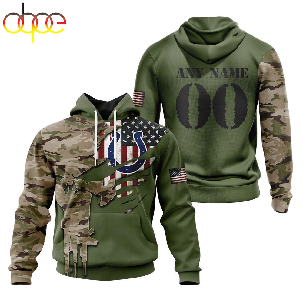 Custom Name And Number NFL Indianapolis Colts Camo And US Flag 3D Hoodie Shirt