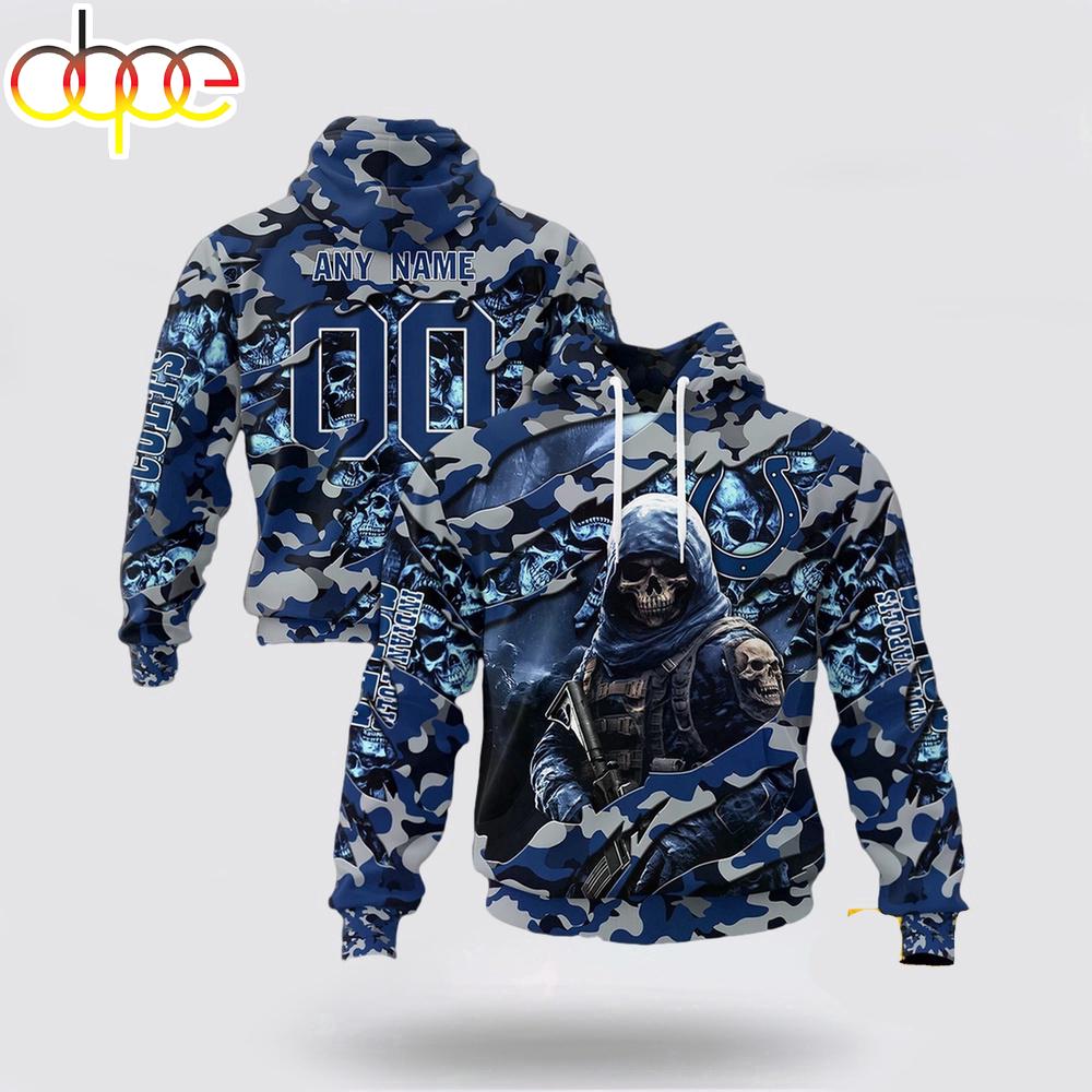 Custom Name And Number NFL Indianapolis Colts Skeleton Soldier Halloween 3D Hoodie Shirt