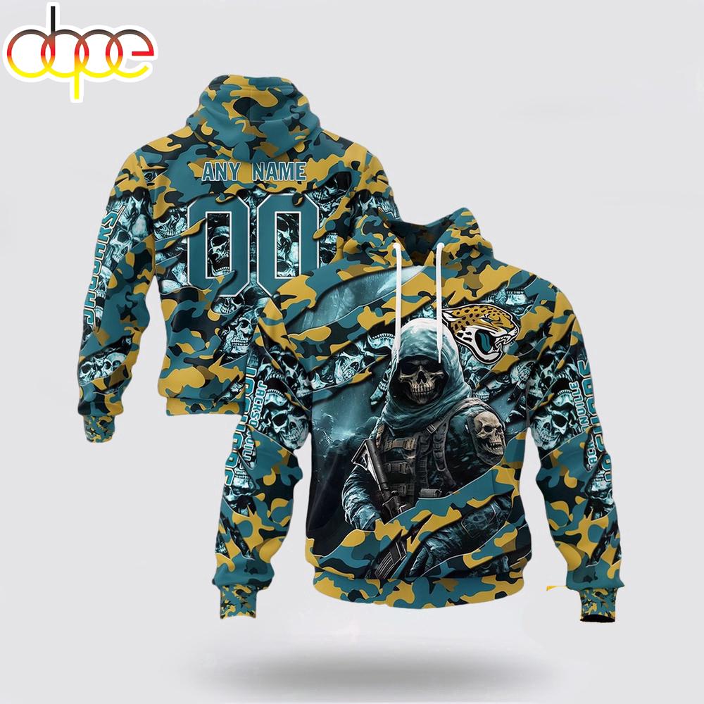 Custom Name And Number NFL Jacksonville Jaguars Skeleton Soldier Halloween 3D Hoodie Shirt