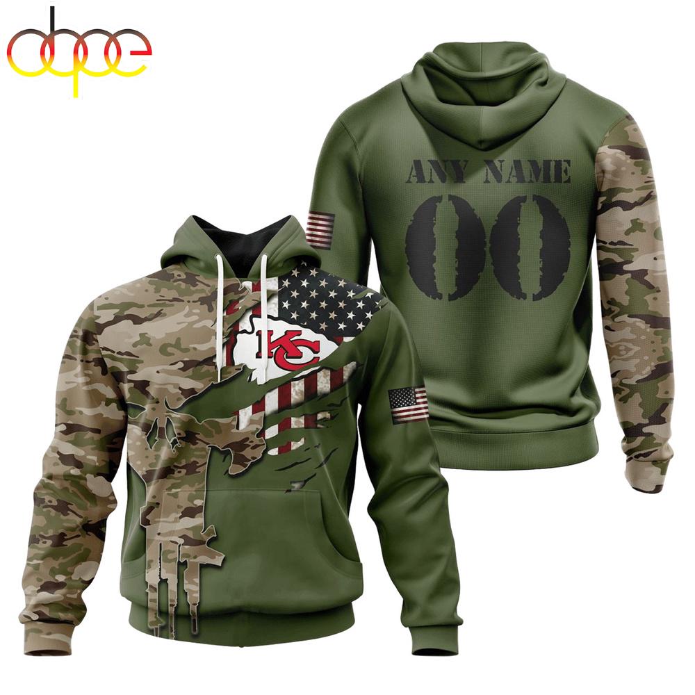 Custom Name And Number NFL Kansas City Chiefs Camo And US Flag 3D Hoodie Shirt