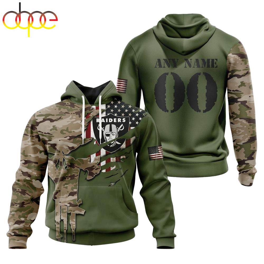 Custom Name And Number NFL Las Vegas Raiders Camo And US Flag 3D Hoodie Shirt