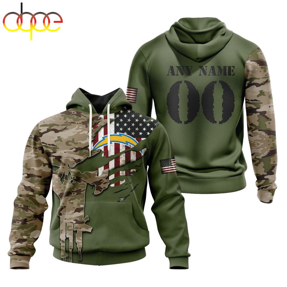 Custom Name And Number NFL Los Angeles Chargers Camo And US Flag 3D Hoodie Shirt
