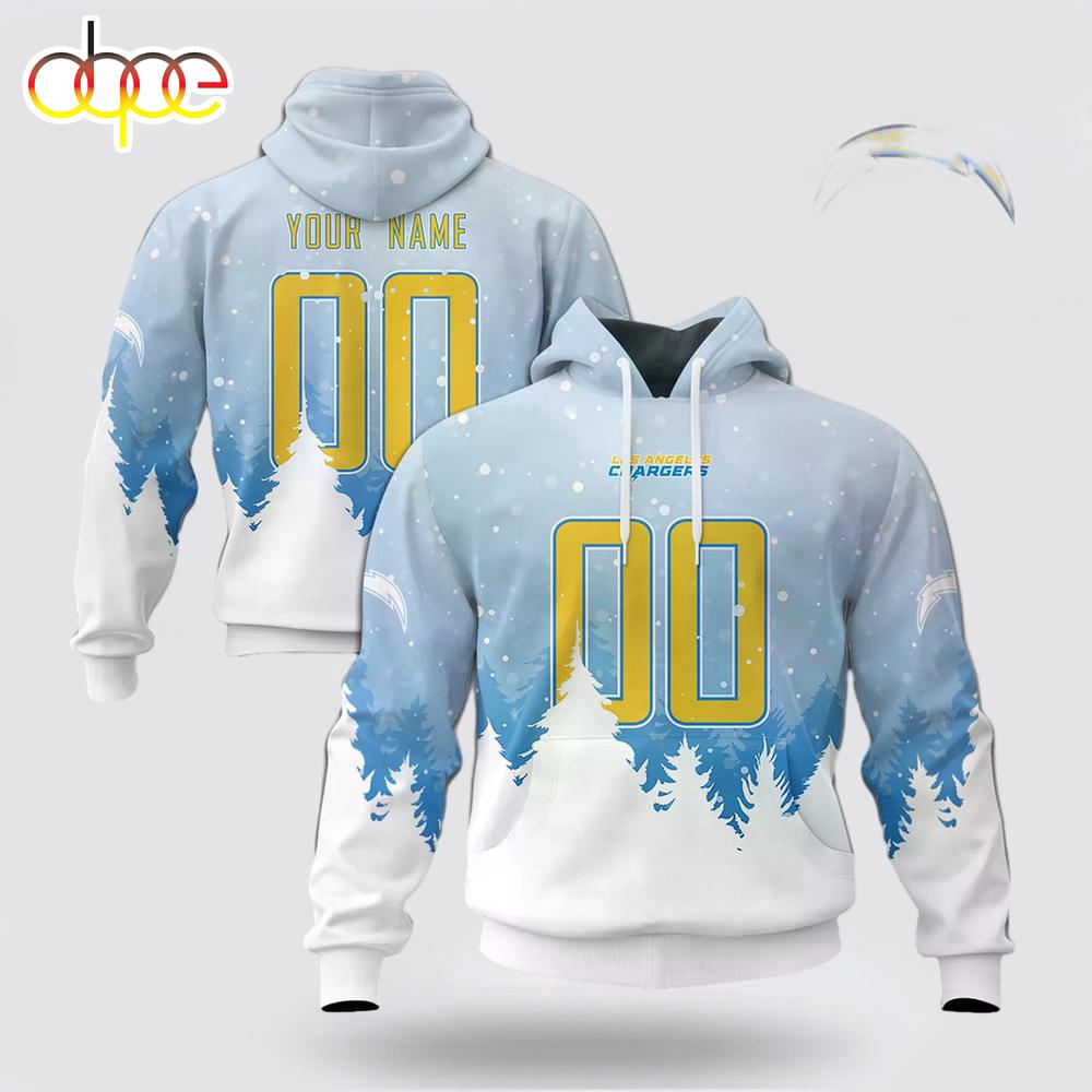 Custom Name And Number NFL Los Angeles Chargers Christmas Spirit All Over Print Hoodie Shirt