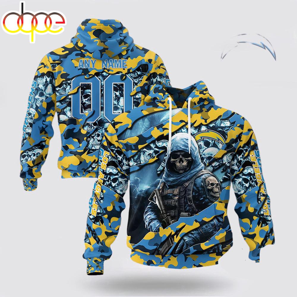 Custom Name And Number NFL Los Angeles Chargers Skeleton Soldier Halloween 3D Hoodie Shirt