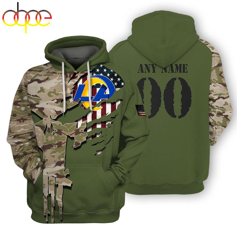 Custom Name And Number NFL Los Angeles Rams Camo And US Flag 3D Hoodie Shirt