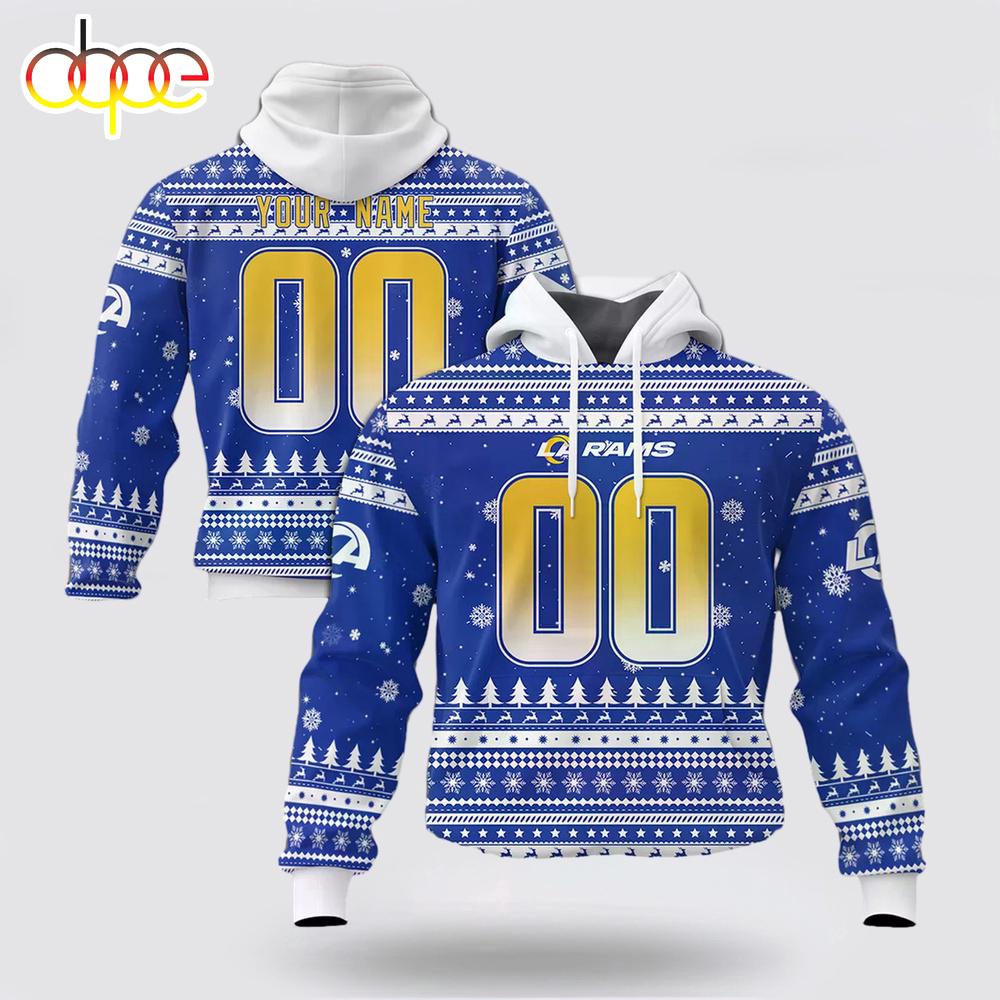 Custom Name And Number NFL Los Angeles Rams Christmas Spirit All Over Print Hoodie Shirt