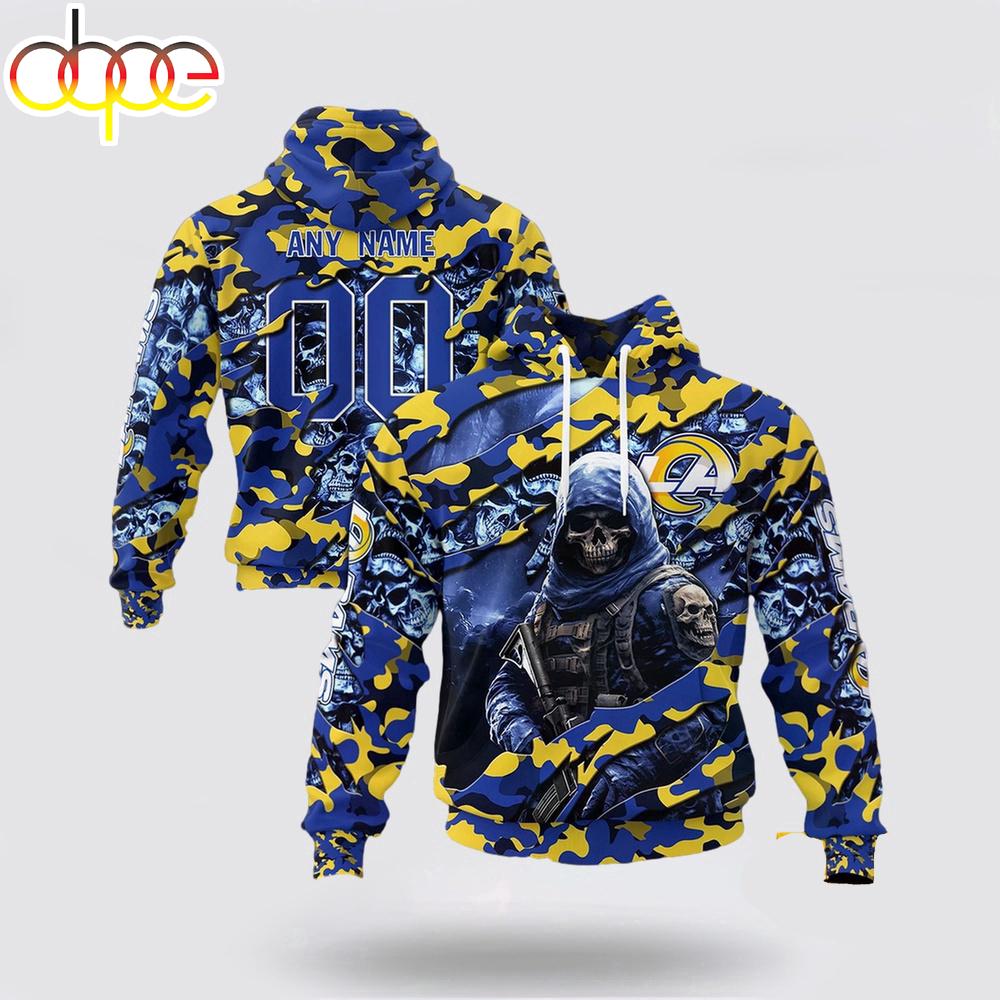 Custom Name And Number NFL Los Angeles Rams Skeleton Soldier Halloween 3D Hoodie Shirt