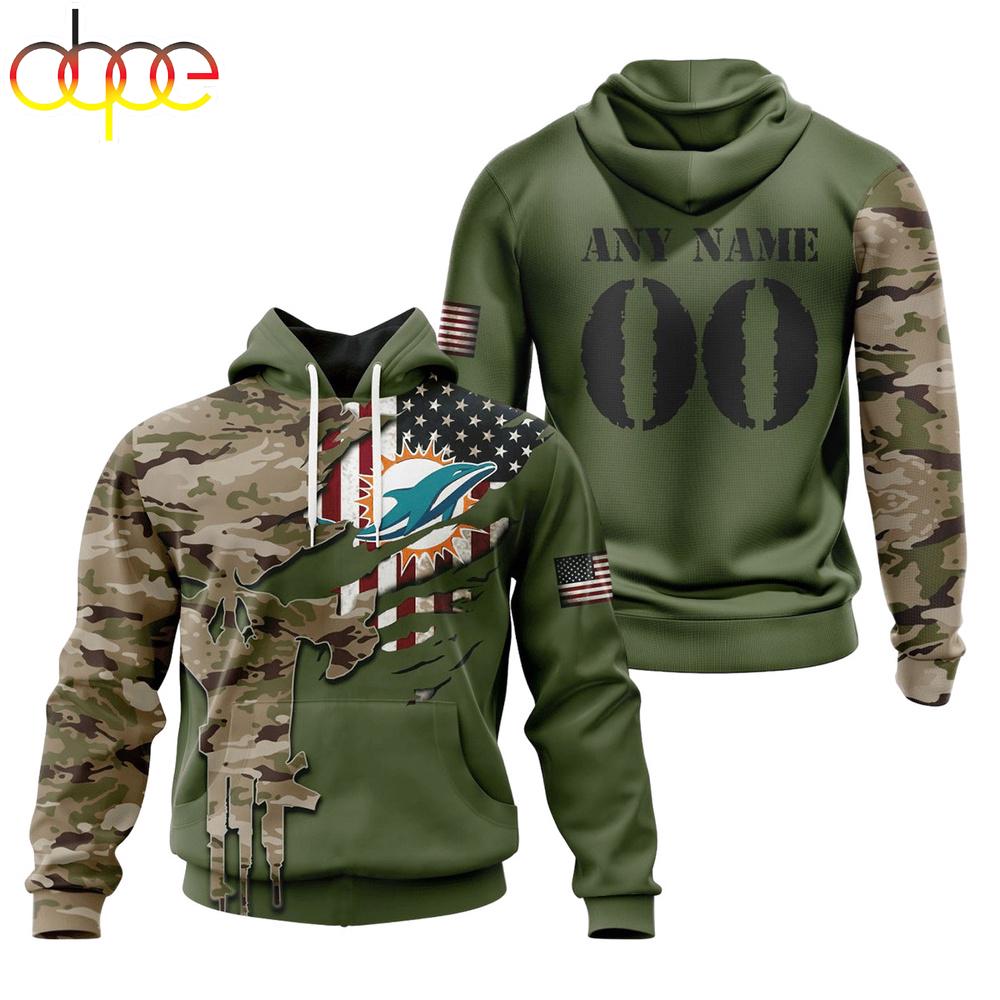 Custom Name And Number NFL Miami Dolphins Camo And US Flag 3D Hoodie Shirt