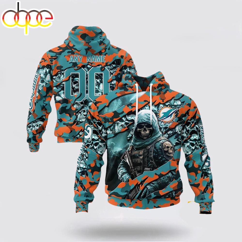 Custom Name And Number NFL Miami Dolphins Skeleton Soldier Halloween 3D Hoodie Shirt
