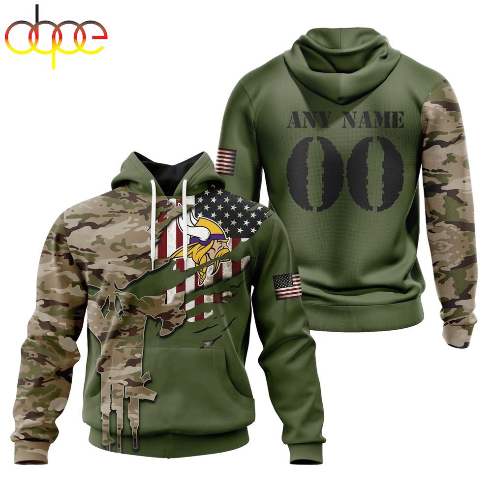 Custom Name And Number NFL Minnesota Vikings Camo And US Flag 3D Hoodie Shirt