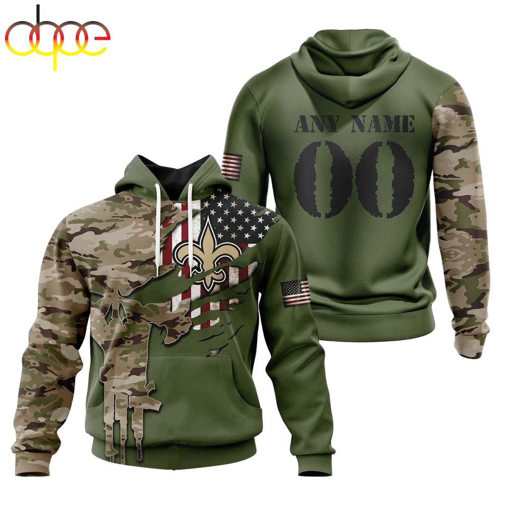 Custom Name And Number NFL New Orleans Saints Camo And US Flag 3D Hoodie Shirt