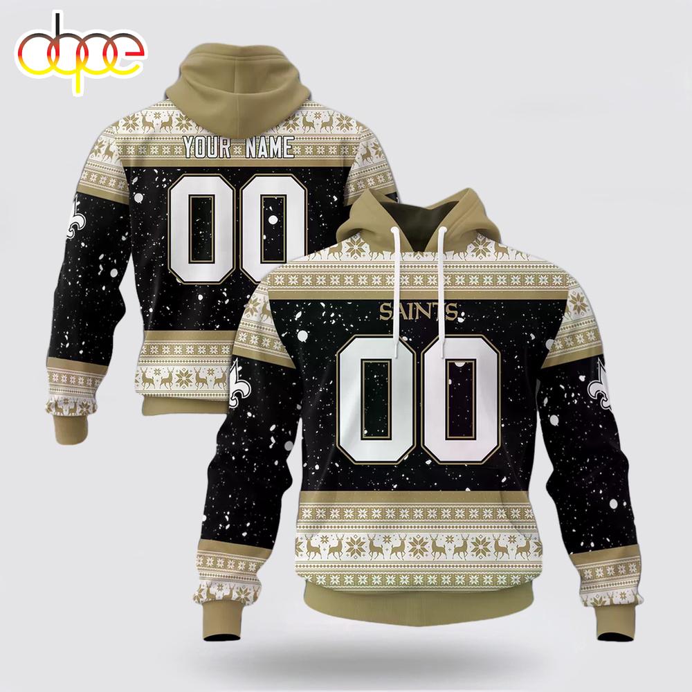 Custom Name And Number NFL New Orleans Saints Christmas Spirit All Over Print Hoodie Shirt