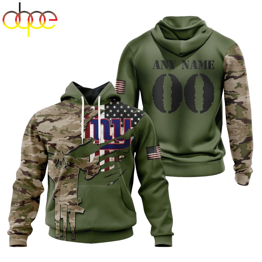 Custom Name And Number NFL New York Giants Camo And US Flag 3D Hoodie Shirt