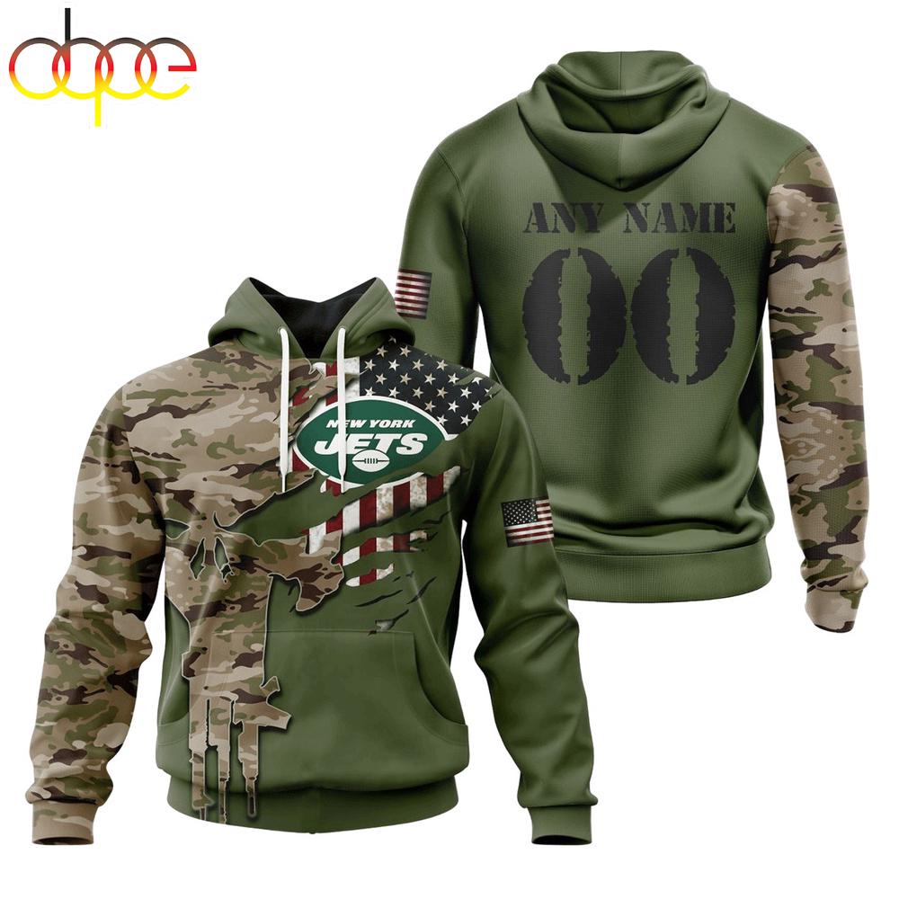 Custom Name And Number NFL New York Jets Camo And US Flag 3D Hoodie Shirt