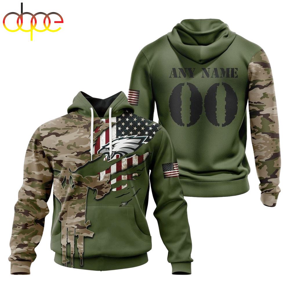 Custom Name And Number NFL Philadelphia Eagles Camo And US Flag 3D Hoodie Shirt