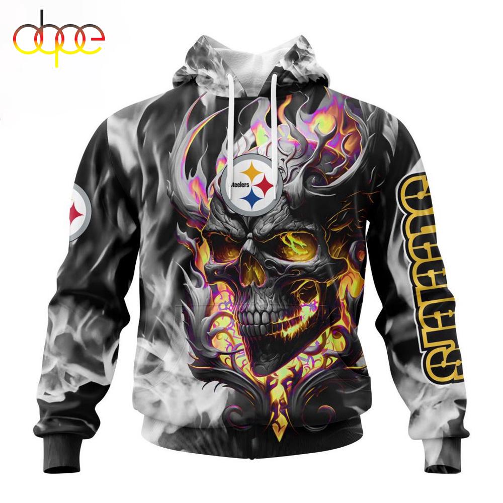 Custom Name And Number NFL Pittsburgh Steelers Skull Happy Halloween 3D Hoodie Shirt