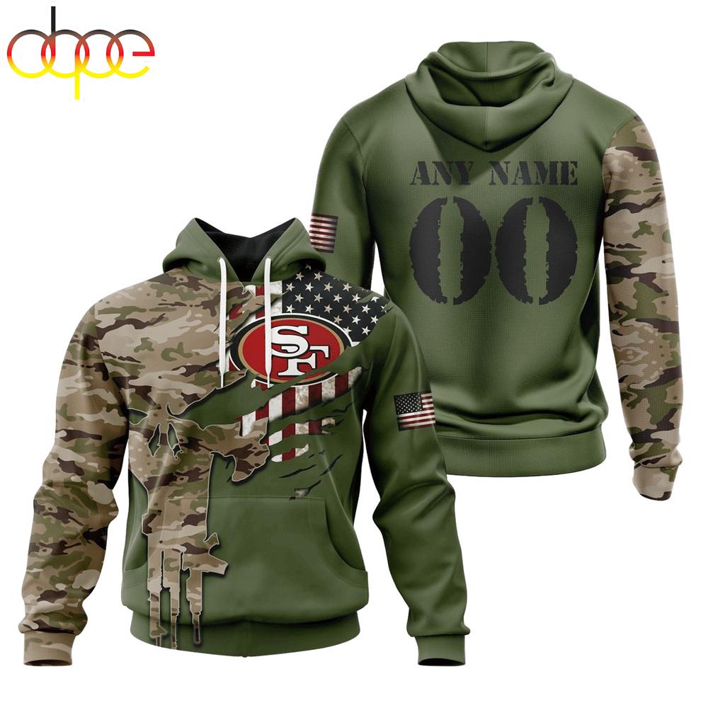 Custom Name And Number NFL San Francisco 49ers Camo And US Flag 3D Hoodie Shirt