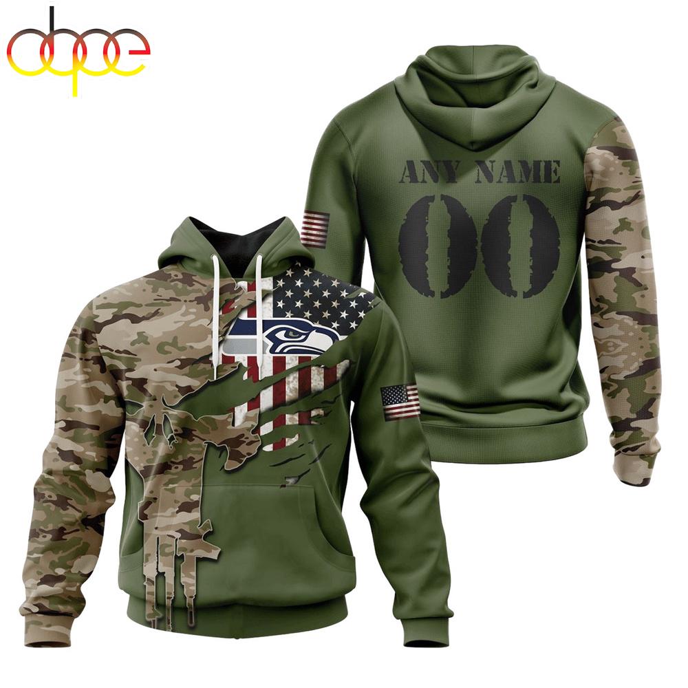 Custom Name And Number NFL Seattle Seahawks Camo And US Flag 3D Hoodie Shirt