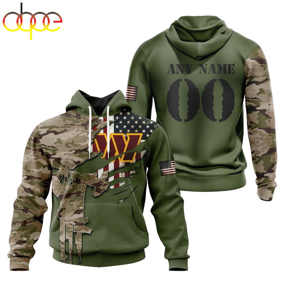 Custom Name And Number NFL Washington Commanders Camo And US Flag 3D Hoodie Shirt