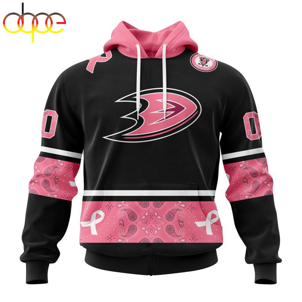 Custom Name And Number NHL Anaheim Ducks Breast Cancer All Over Print Hoodie