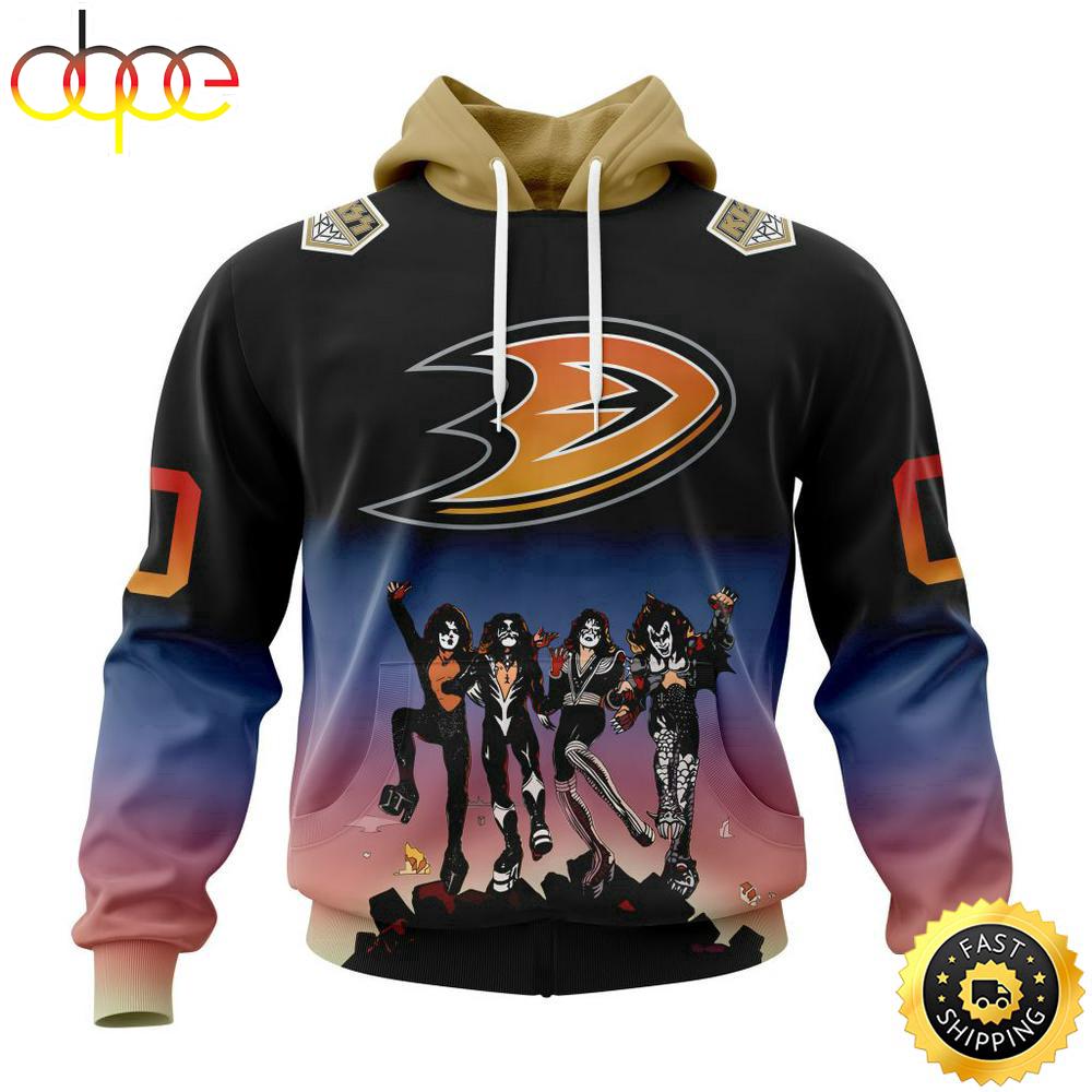Custom Name And Number NHL Anaheim Ducks X KISS Band All Over Print Hoodie Shirt