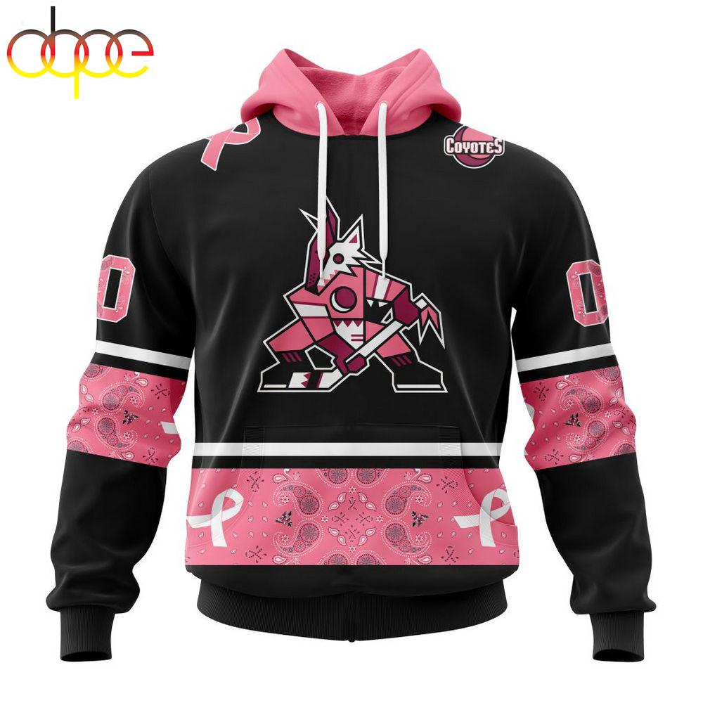 Custom Name And Number NHL Arizona Coyotes Breast Cancer All Over Print Hoodie