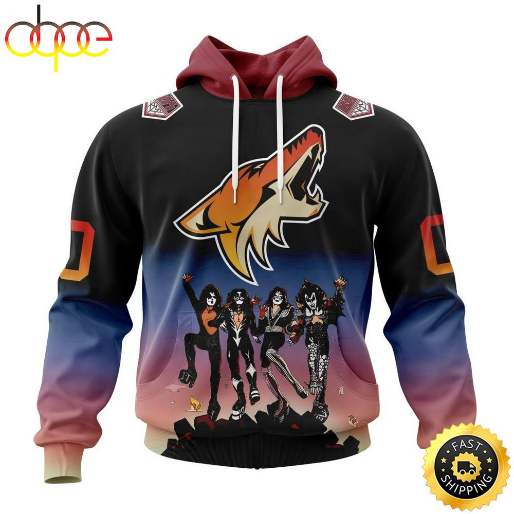 Custom Name And Number NHL Arizona Coyotes X KISS Band All Over Print Hoodie Shirt