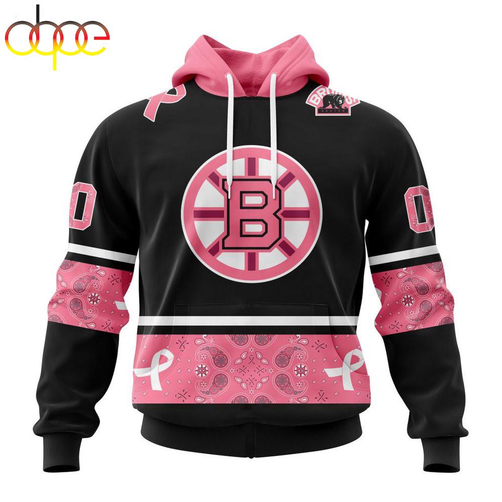Custom Name And Number NHL Boston Bruins Breast Cancer All Over Print Hoodie