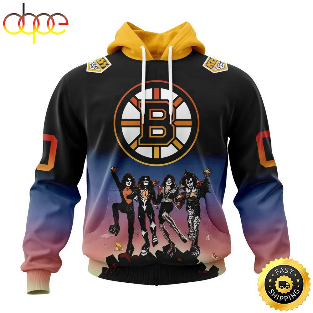 Custom Name And Number NHL Boston Bruins X KISS Band All Over Print Hoodie Shirt