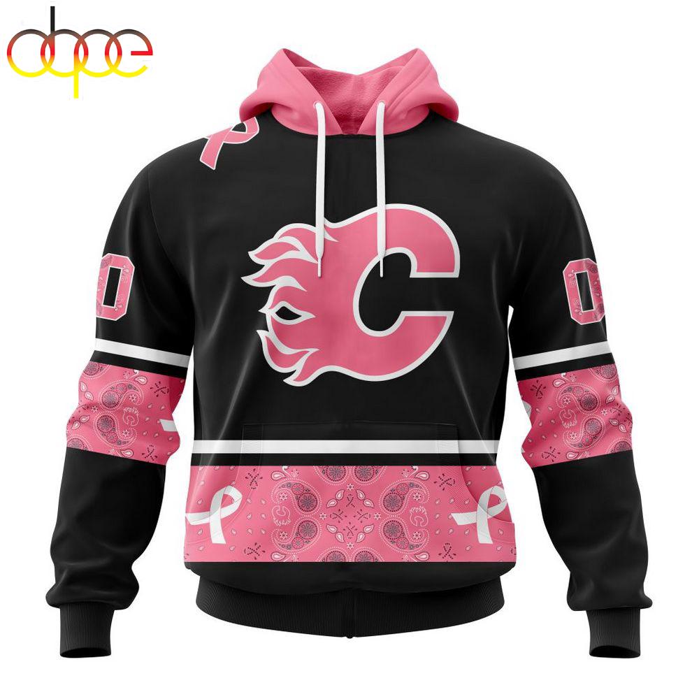 Custom Name And Number NHL Calgary Flames Breast Cancer All Over Print Hoodie