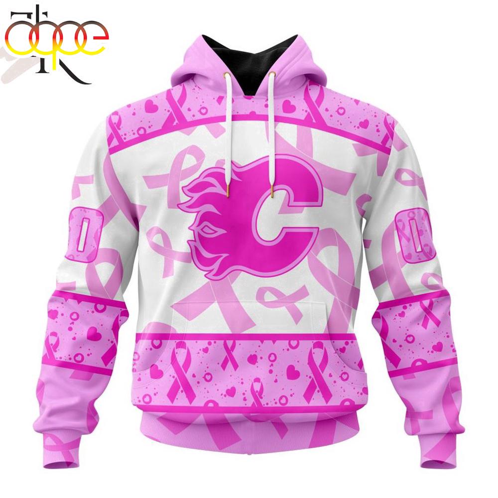 Custom Name And Number NHL Calgary Flames Pink October Breast Cancer Awareness 3D Hoodie