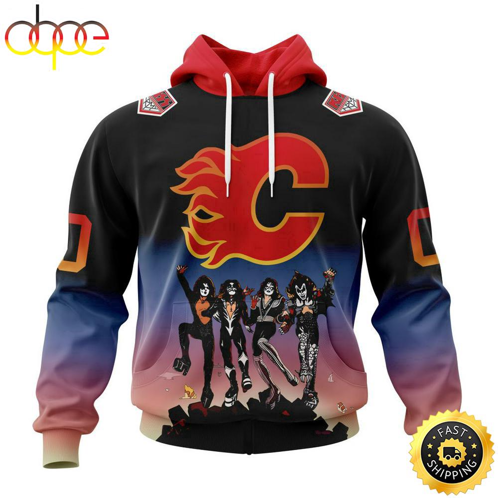Custom Name And Number NHL Calgary Flames X KISS Band All Over Print Hoodie Shirt