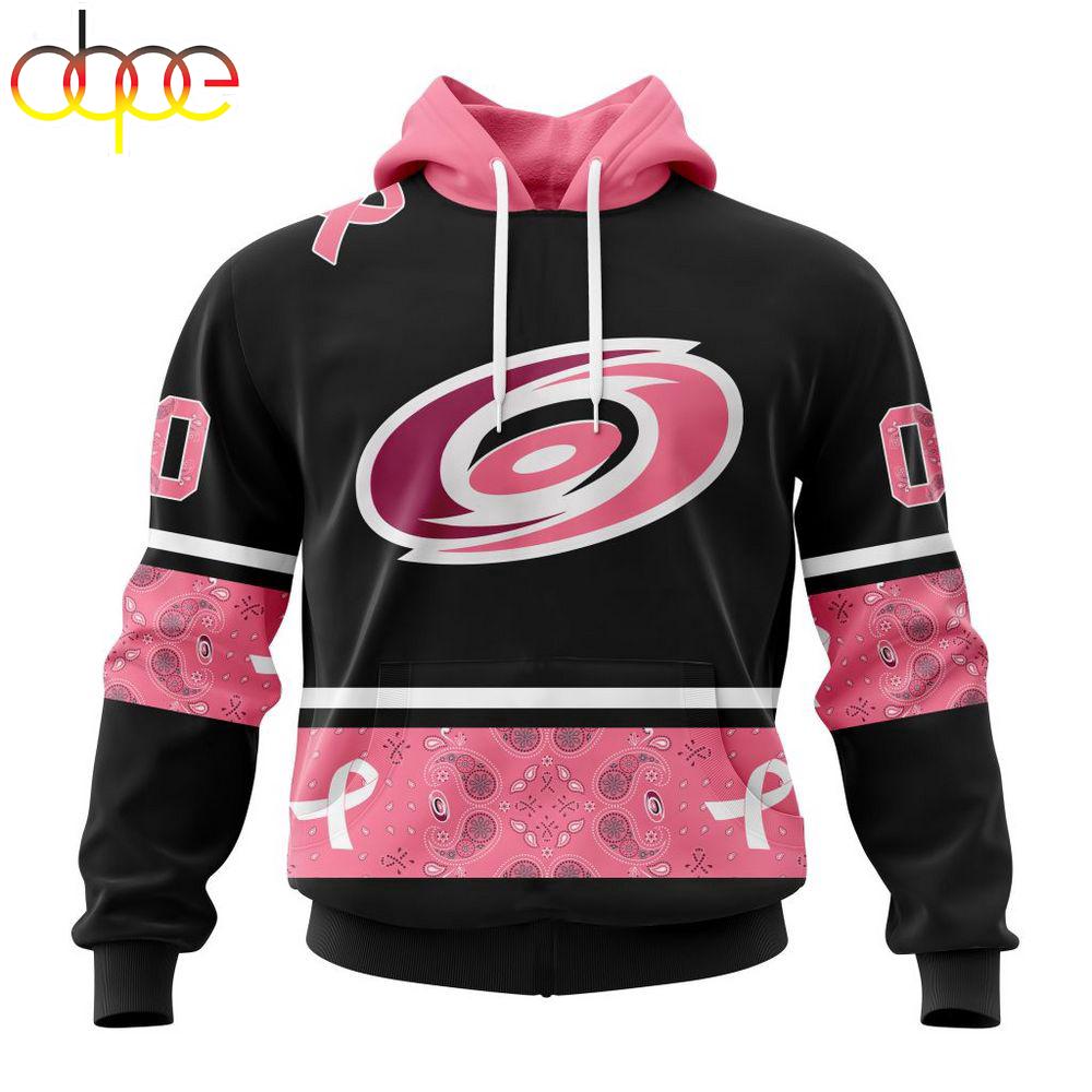 Custom Name And Number NHL Carolina Hurricanes Breast Cancer All Over Print Hoodie
