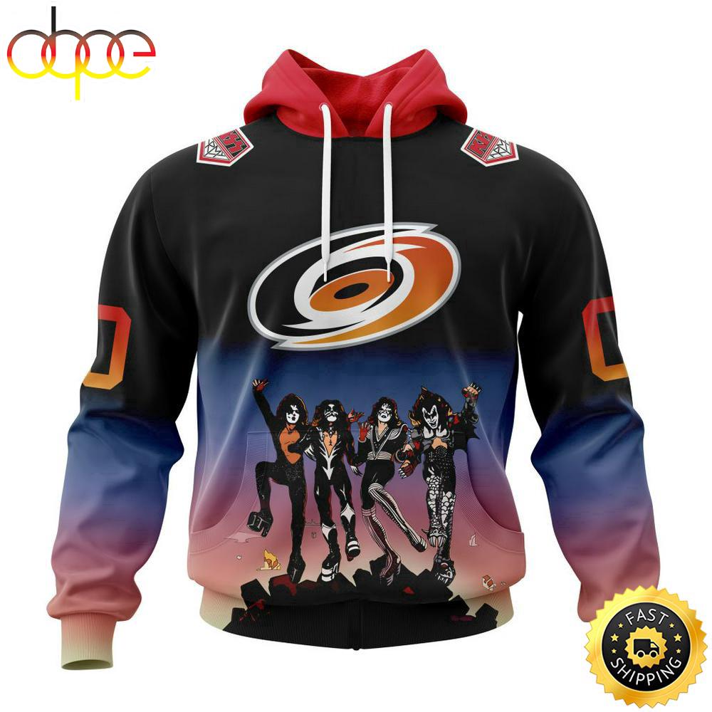 Custom Name And Number NHL Carolina Hurricanes X KISS Band All Over Print Hoodie Shirt