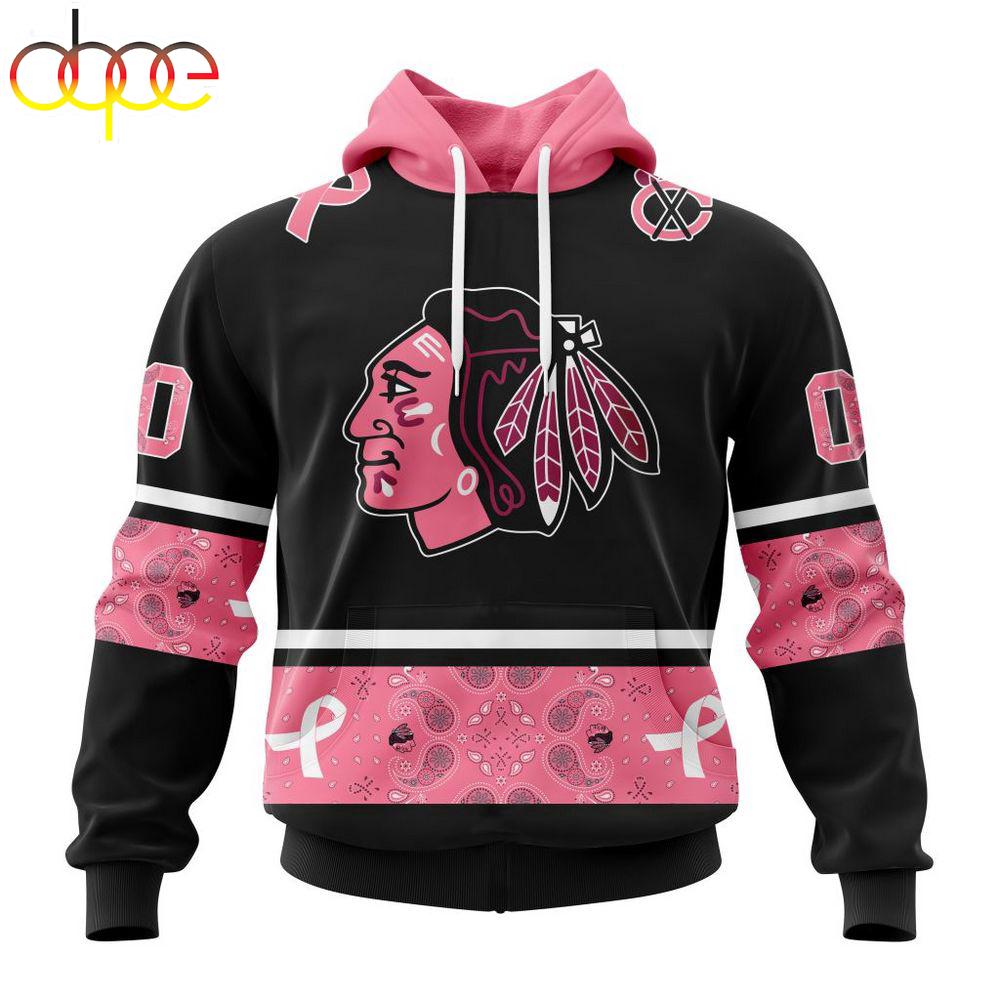 Custom Name And Number NHL Chicago BlackHawks Breast Cancer All Over Print Hoodie