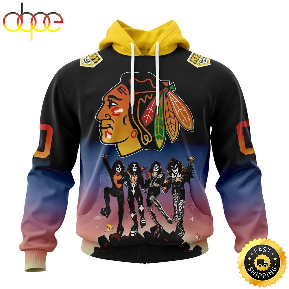 Custom Name And Number NHL Chicago Blackhawks X KISS Band All Over Print Hoodie Shirt