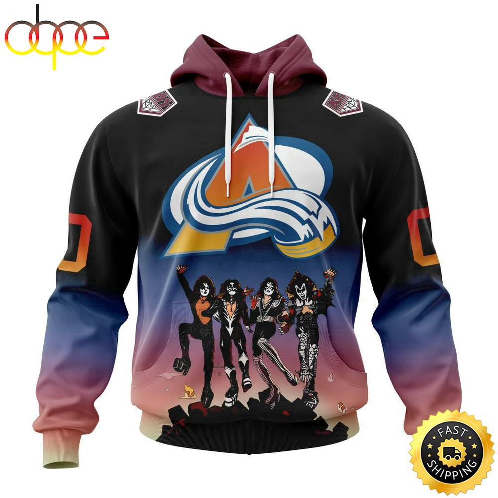 Custom Name And Number NHL Colorado Avalanche X KISS Band All Over Print Hoodie Shirt