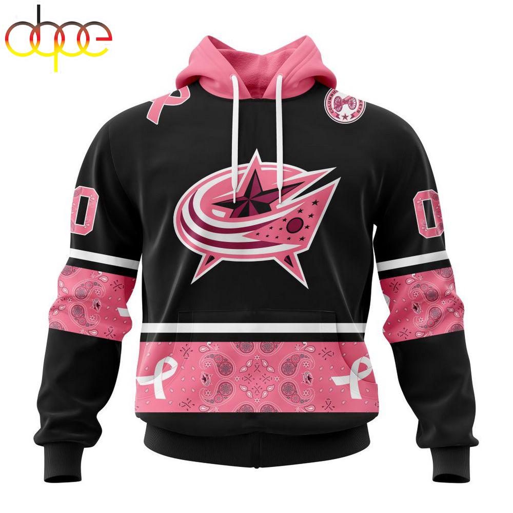 Custom Name And Number NHL Columbus Blue Jackets Breast Cancer All Over Print Hoodie