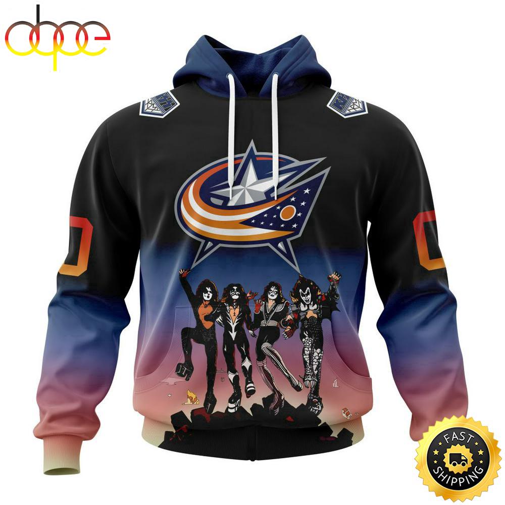 Custom Name And Number NHL Columbus Blue Jackets X KISS Band All Over Print Hoodie Shirt