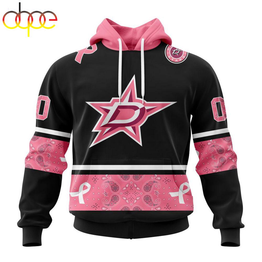 Custom Name And Number NHL Dallas Stars Breast Cancer All Over Print Hoodie