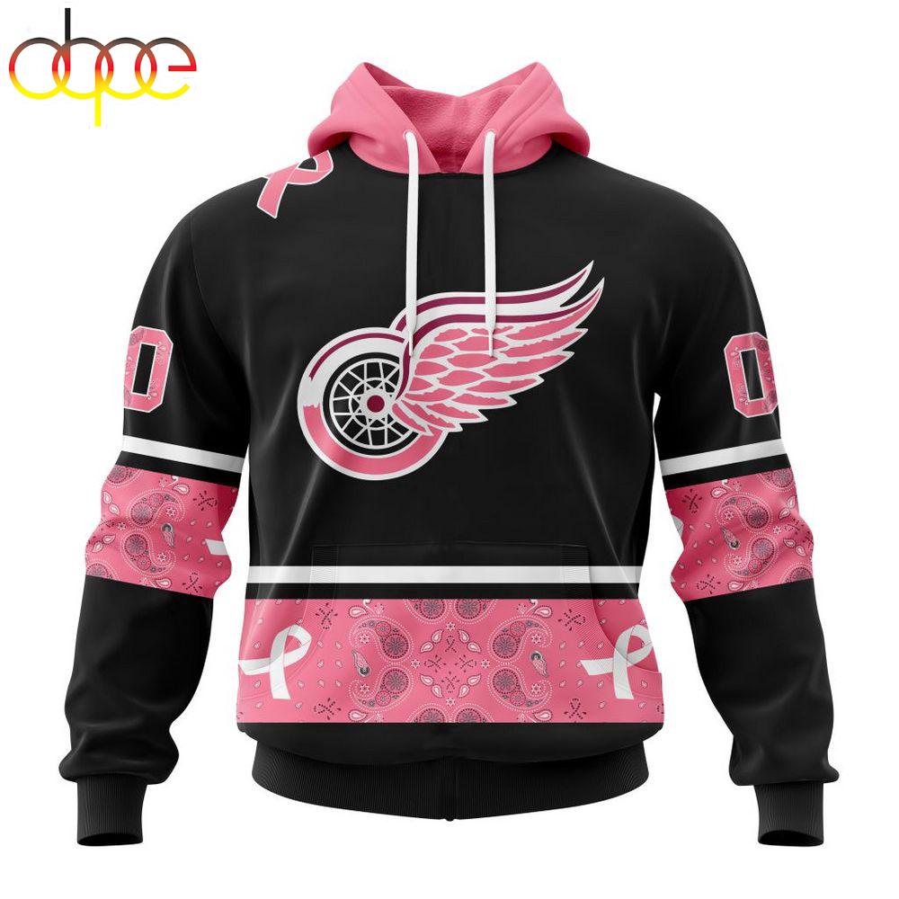 Custom Name And Number NHL Detroit Red Wings Breast Cancer All Over Print Hoodie