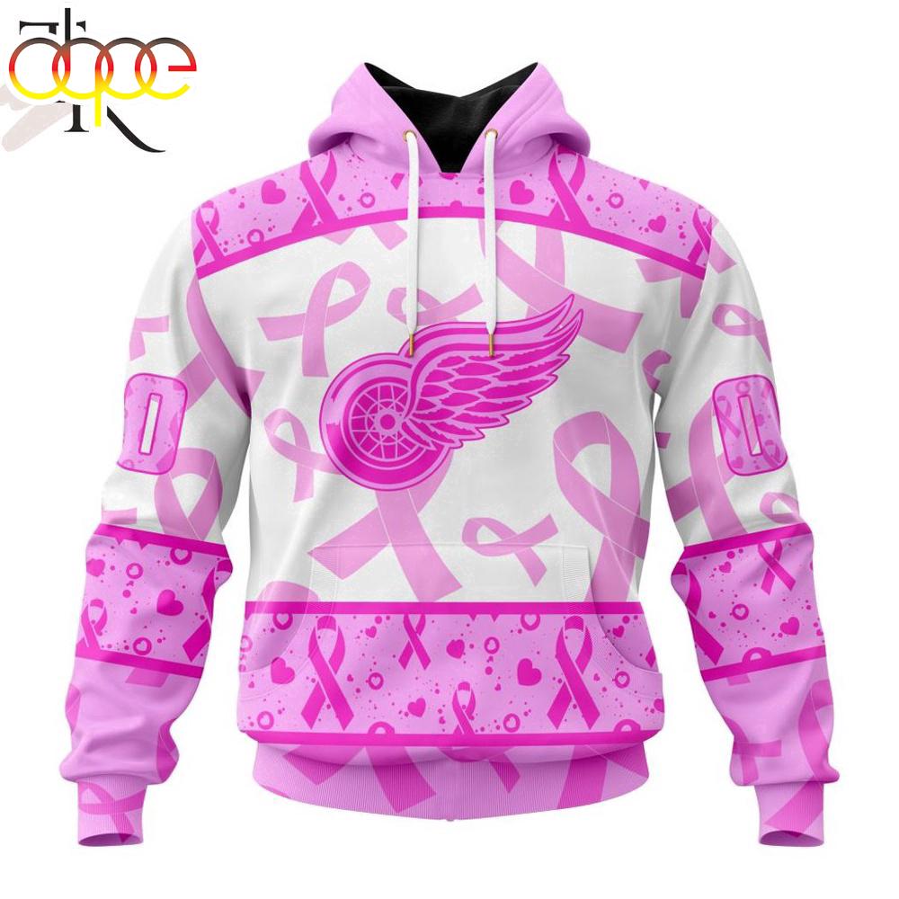 Custom Name And Number NHL Detroit Red Wings Pink October Breast Cancer Awareness 3D Hoodie
