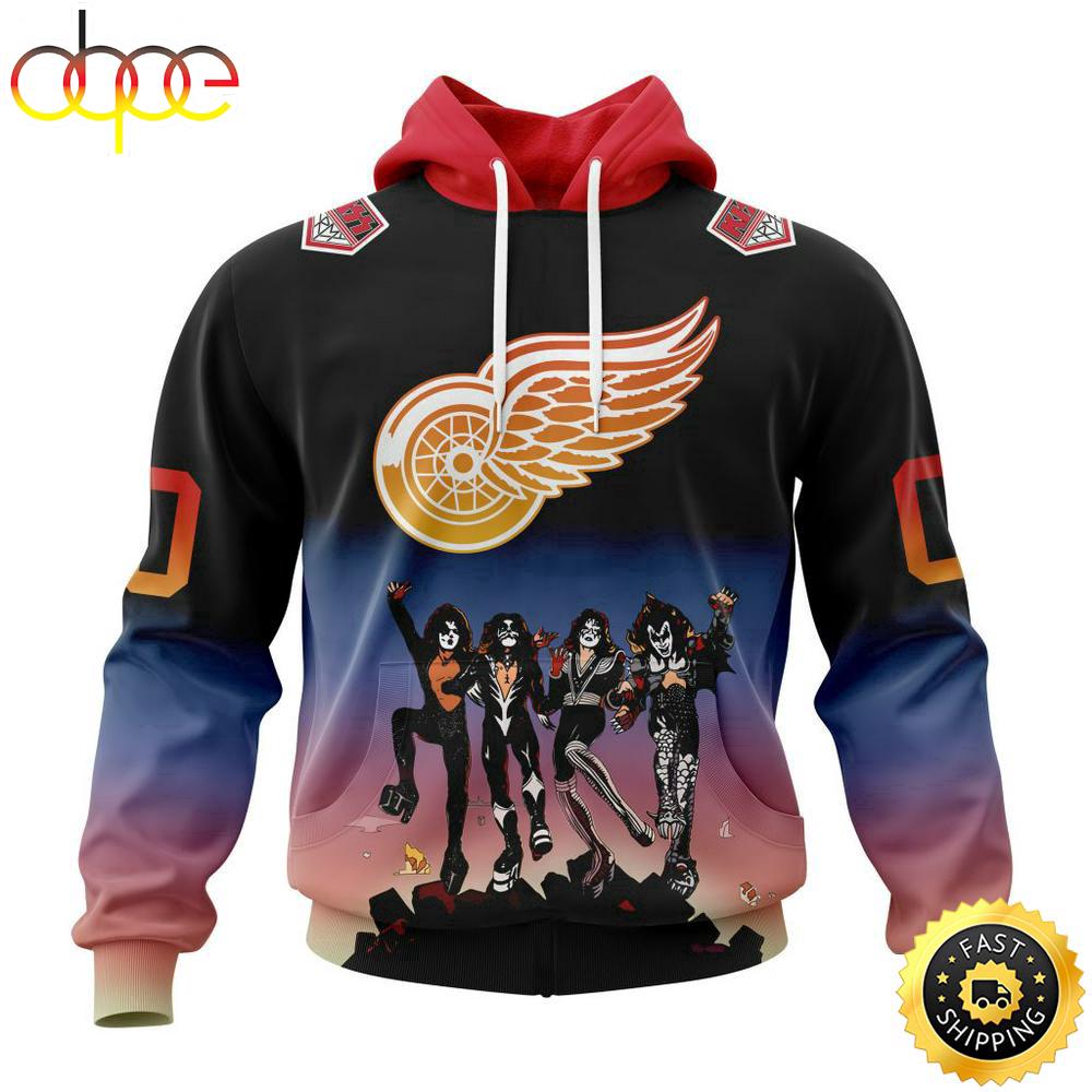 Custom Name And Number NHL Detroit Red Wings X KISS Band All Over Print Hoodie Shirt