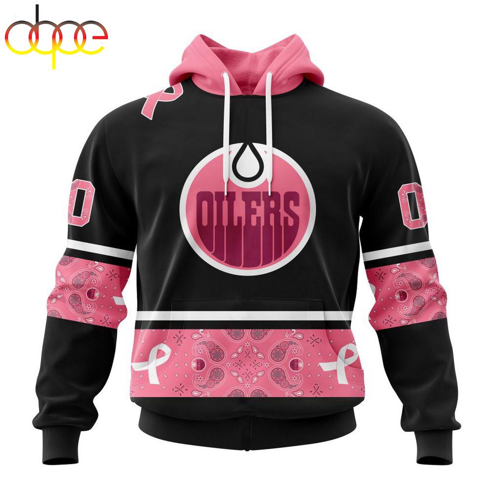 Custom Name And Number NHL Edmonton Oilers Breast Cancer All Over Print Hoodie
