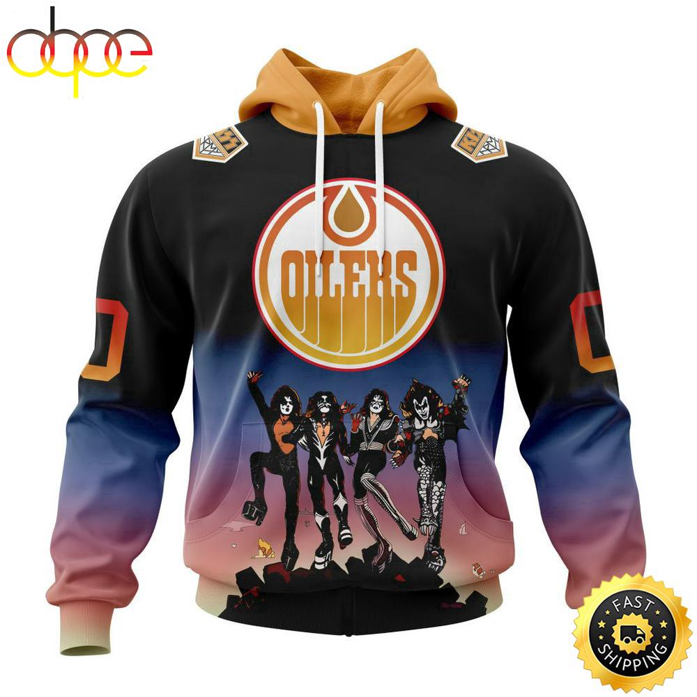 Custom Name And Number NHL Edmonton Oilers X KISS Band All Over Print Hoodie Shirt