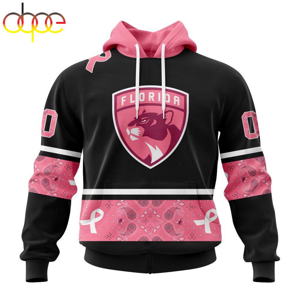 Custom Name And Number NHL Florida Panthers Breast Cancer All Over Print Hoodie