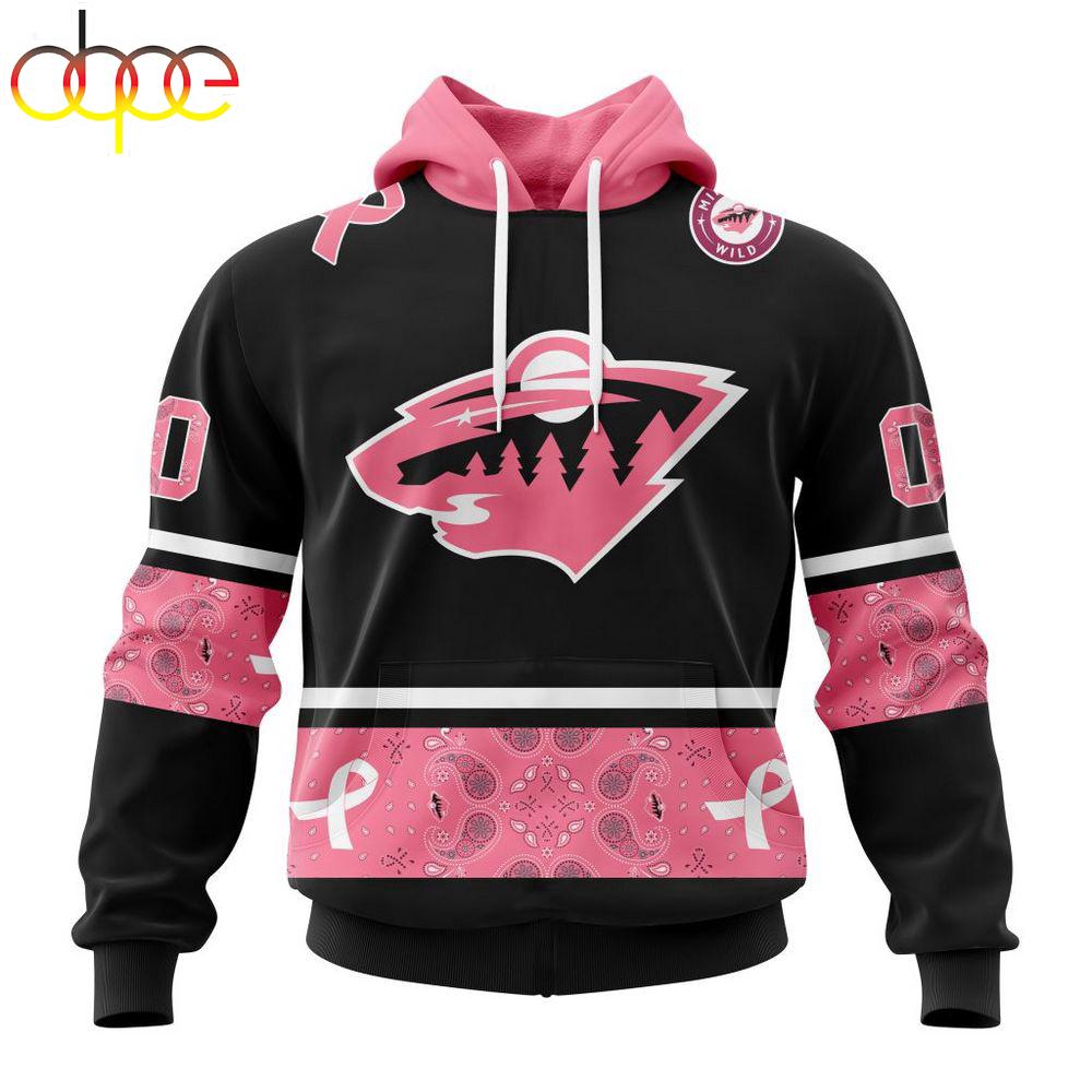 Custom Name And Number NHL Minnesota Wild Breast Cancer All Over Print Hoodie